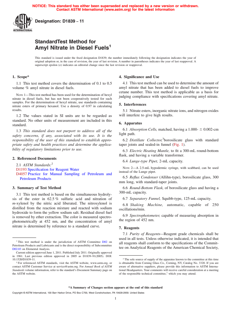 ASTM D1839-11 - Standard Test Method for Amyl Nitrate in Diesel Fuels