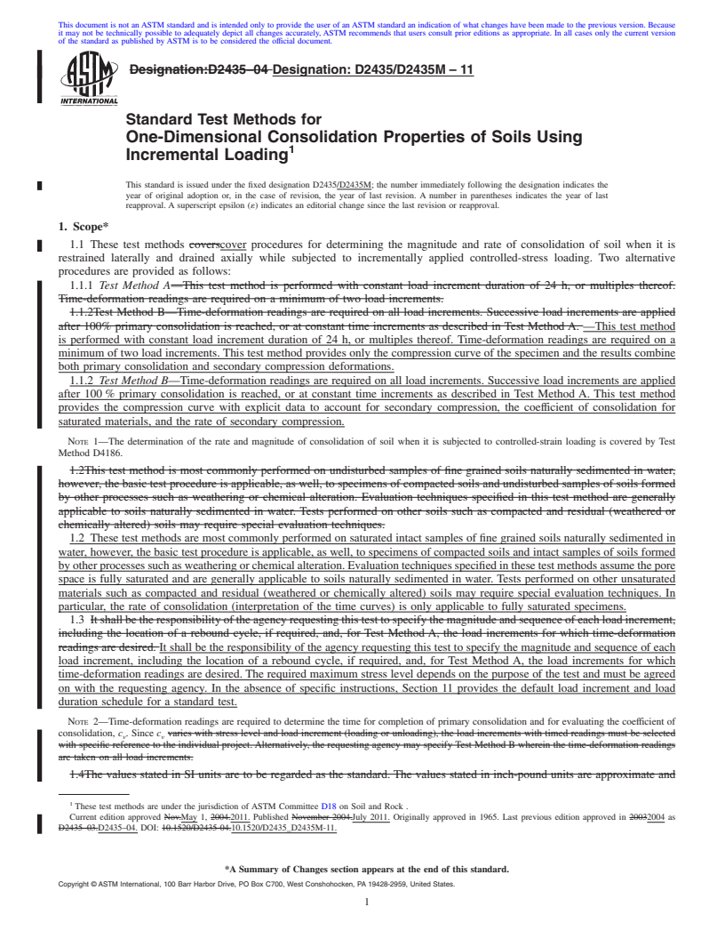 REDLINE ASTM D2435/D2435M-11 - Standard Test Methods for One-Dimensional Consolidation Properties of Soils Using Incremental Loading