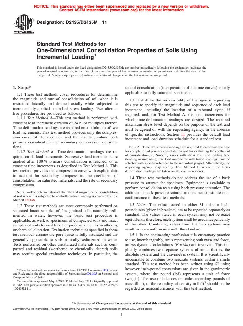 ASTM D2435/D2435M-11 - Standard Test Methods for One-Dimensional Consolidation Properties of Soils Using Incremental Loading