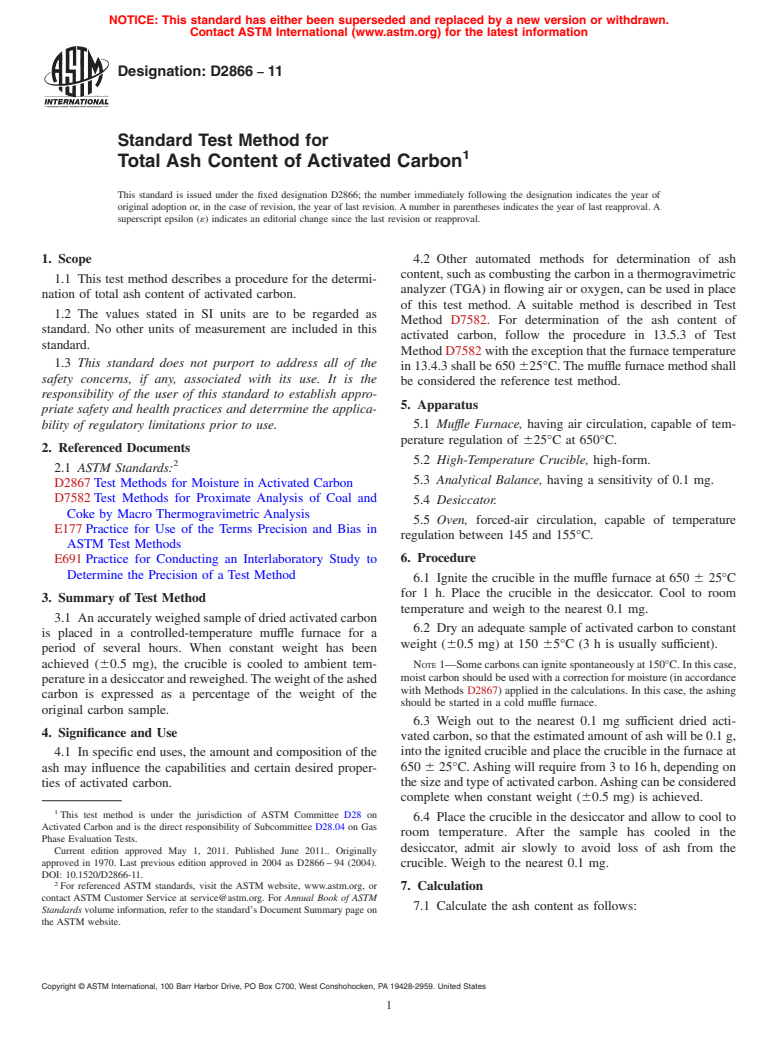 ASTM D2866-11 - Standard Test Method for Total Ash Content of Activated Carbon