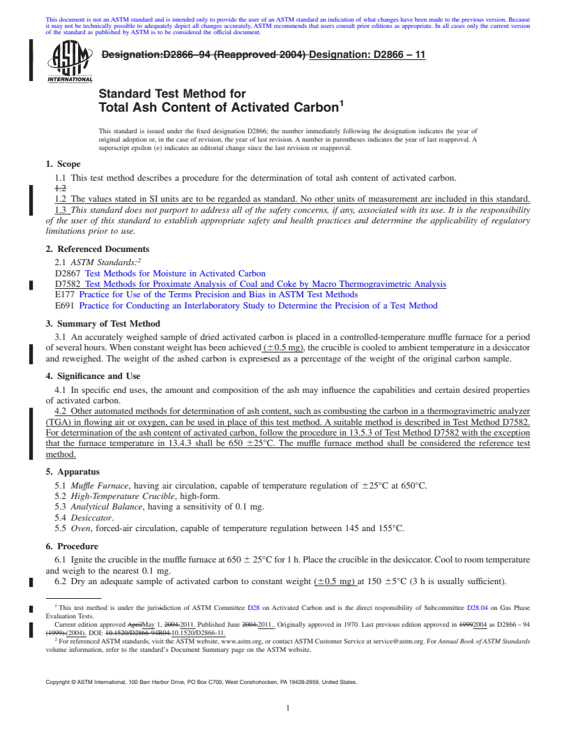 REDLINE ASTM D2866-11 - Standard Test Method for Total Ash Content of Activated Carbon