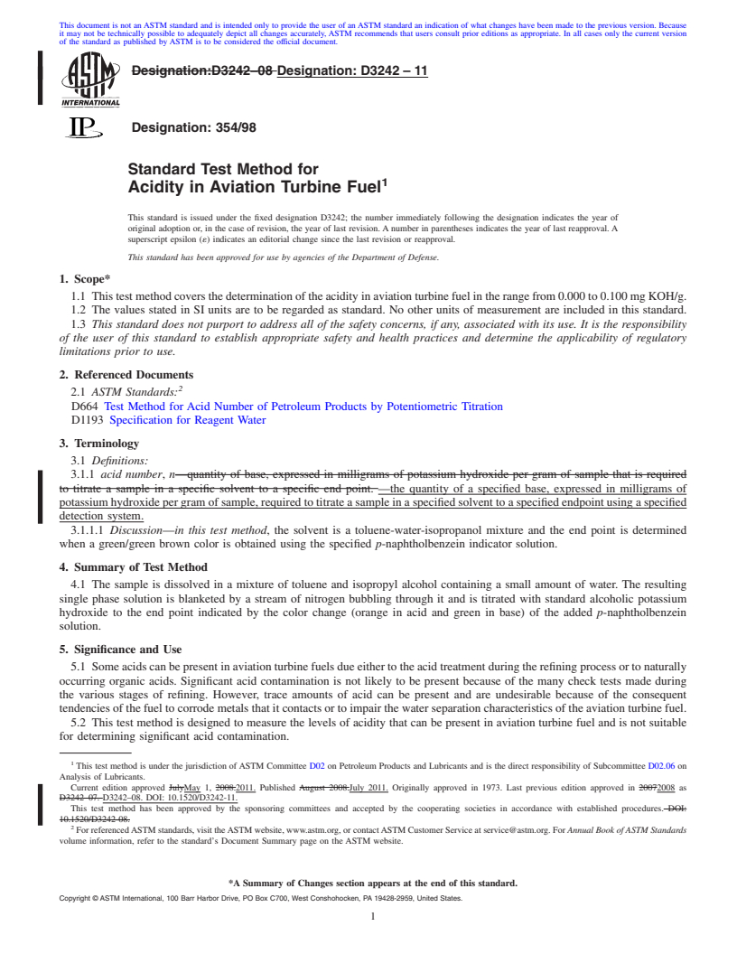 REDLINE ASTM D3242-11 - Standard Test Method for Acidity in Aviation Turbine Fuel