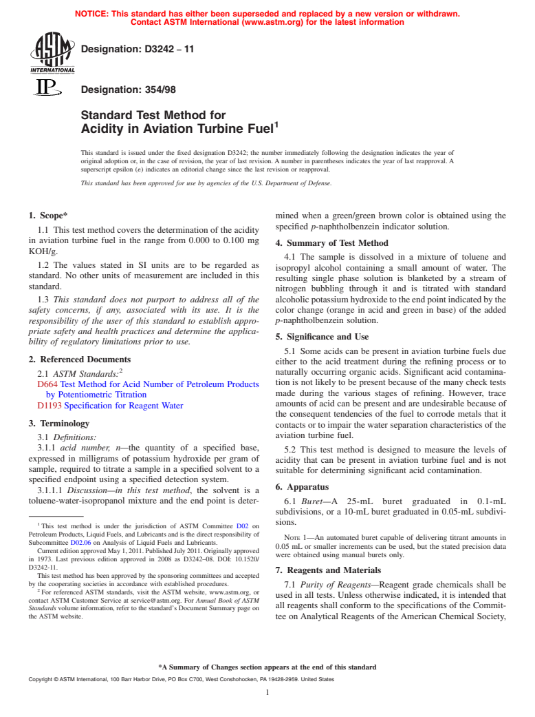 ASTM D3242-11 - Standard Test Method for Acidity in Aviation Turbine Fuel