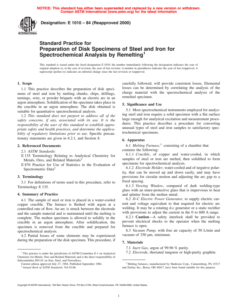 ASTM E1010-84(2000) - Standard Practice for Preparation of Disk Specimens of Steel and Iron for Spectrochemical Analysis by Remelting