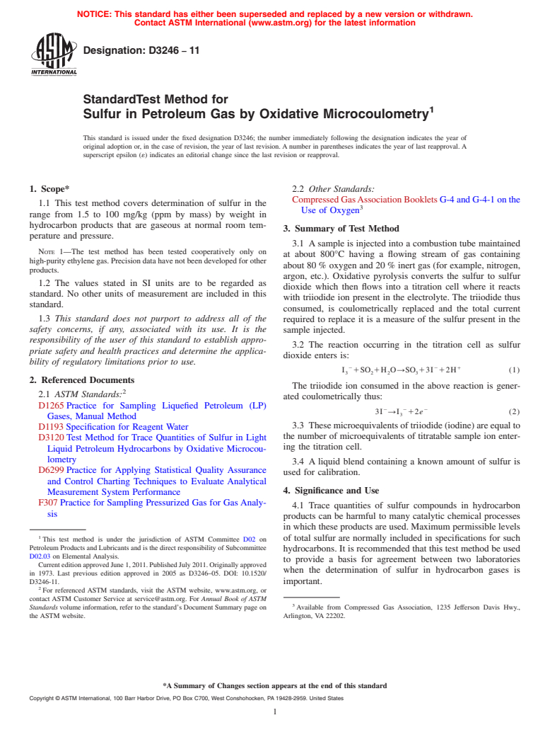 ASTM D3246-11 - Standard Test Method for Sulfur in Petroleum Gas by Oxidative Microcoulometry