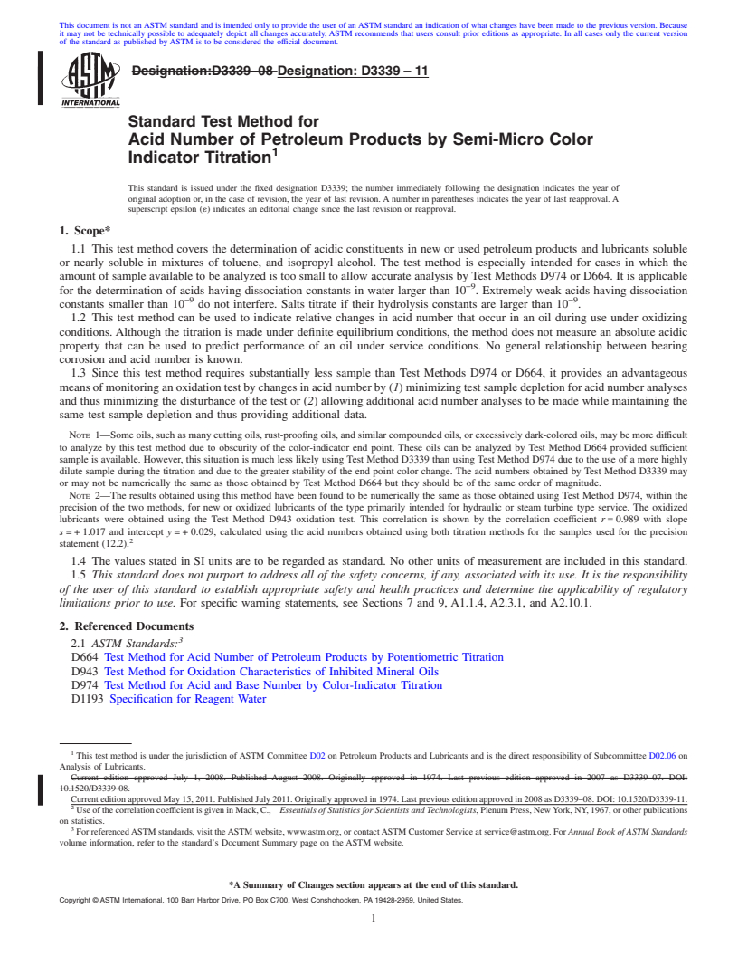 REDLINE ASTM D3339-11 - Standard Test Method for Acid Number of Petroleum Products by Semi-Micro Color Indicator Titration