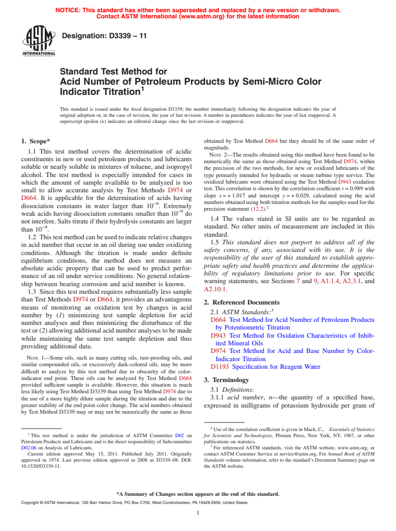 ASTM D3339-11 - Standard Test Method for Acid Number of Petroleum Products by Semi-Micro Color Indicator Titration