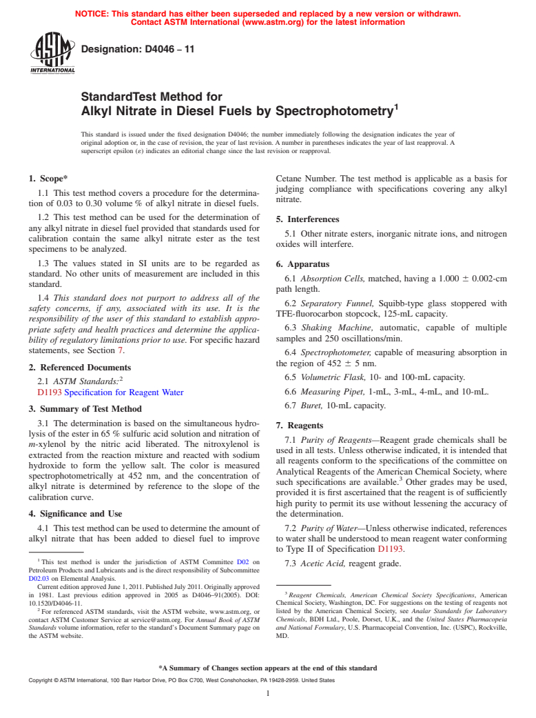 ASTM D4046-11 - Standard Test Method for Alkyl Nitrate in Diesel Fuels by Spectrophotometry