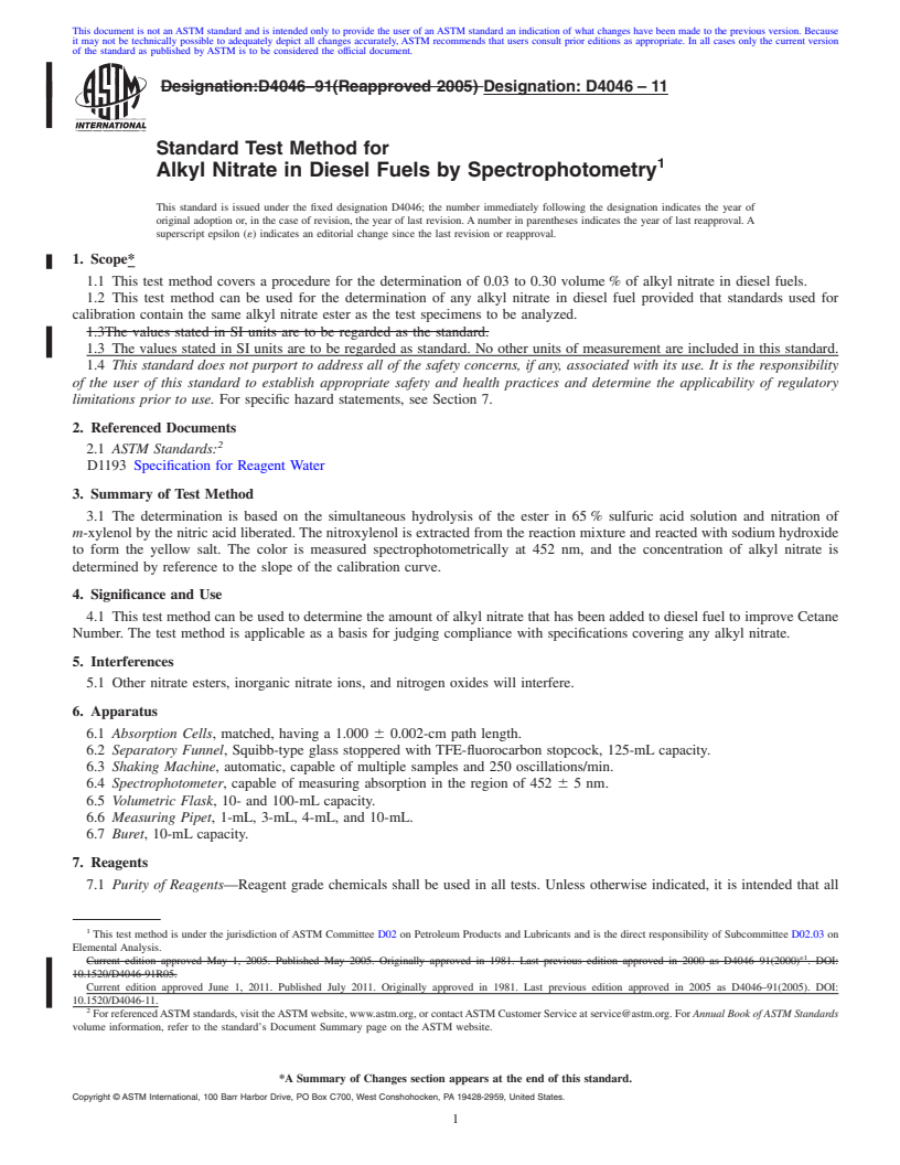 REDLINE ASTM D4046-11 - Standard Test Method for Alkyl Nitrate in Diesel Fuels by Spectrophotometry