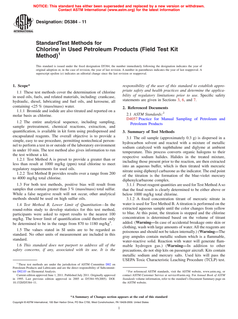 ASTM D5384-11 - Standard Test Methods for Chlorine in Used Petroleum Products (Field Test Kit Method)