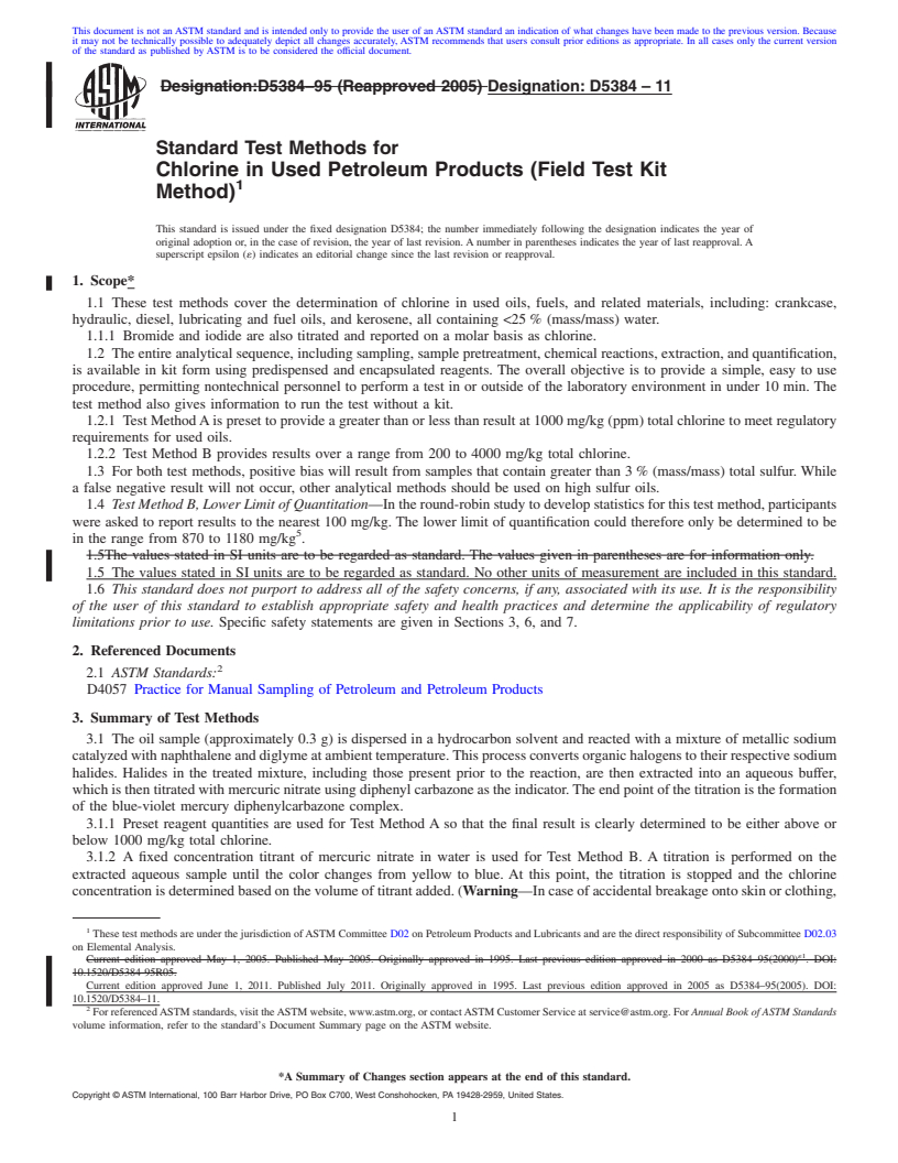 REDLINE ASTM D5384-11 - Standard Test Methods for Chlorine in Used Petroleum Products (Field Test Kit Method)