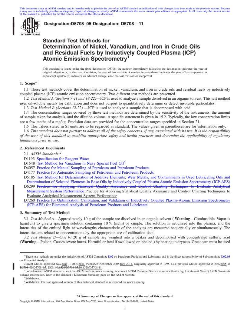 REDLINE ASTM D5708-11 - Standard Test Methods for Determination of Nickel, Vanadium, and Iron in Crude Oils and Residual Fuels by Inductively Coupled Plasma (ICP) Atomic Emission Spectrometry