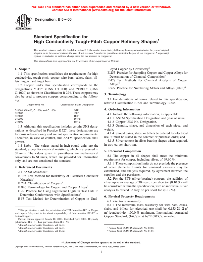 ASTM B5-00 - Standard Specification for High Conductivity Tough-Pitch Copper Refinery Shapes