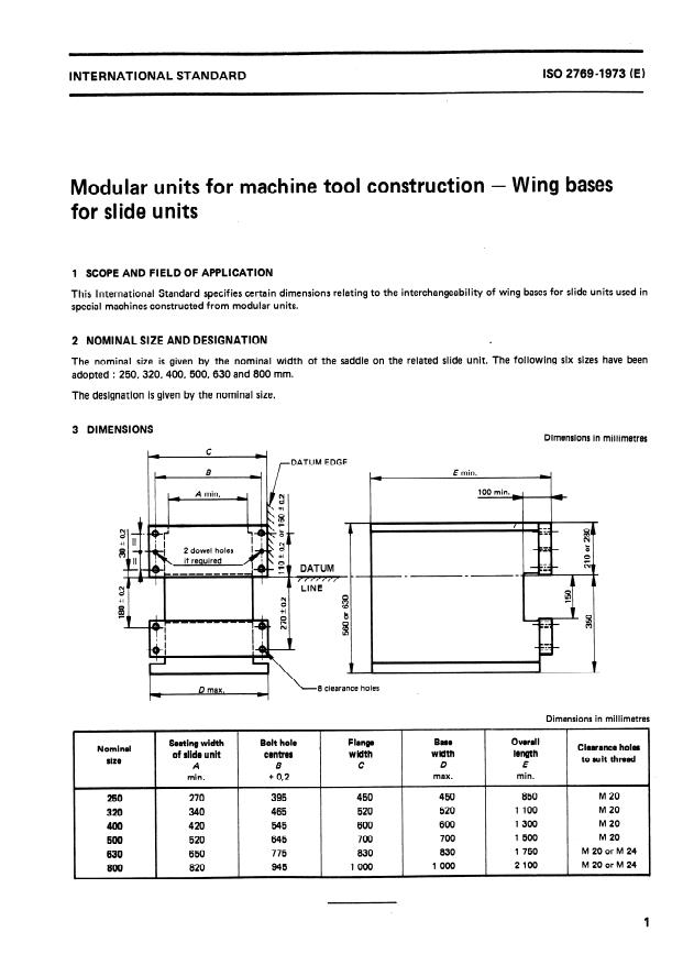 ISO 2769:1973 - Modular units for machine tool construction -- Wing bases for slide units