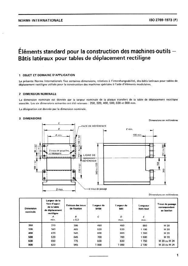 ISO 2769:1973 - Éléments standard pour la construction des machines-outils -- Bâtis latéraux pour tables de déplacement rectiligne