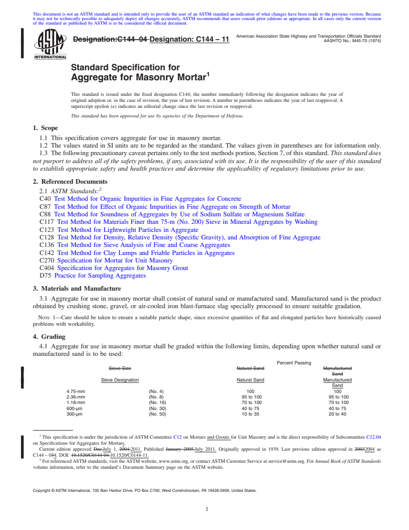 REDLINE ASTM C144-11 - Standard Specification for  Aggregate for Masonry Mortar