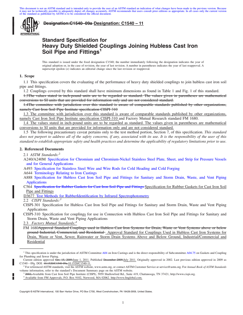 REDLINE ASTM C1540-11 - Standard Specification for Heavy Duty Shielded Couplings Joining Hubless Cast Iron Soil Pipe and Fittings
