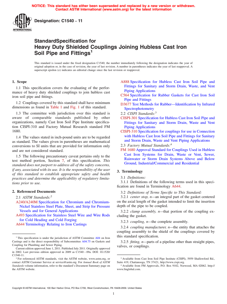 ASTM C1540-11 - Standard Specification for Heavy Duty Shielded Couplings Joining Hubless Cast Iron Soil Pipe and Fittings