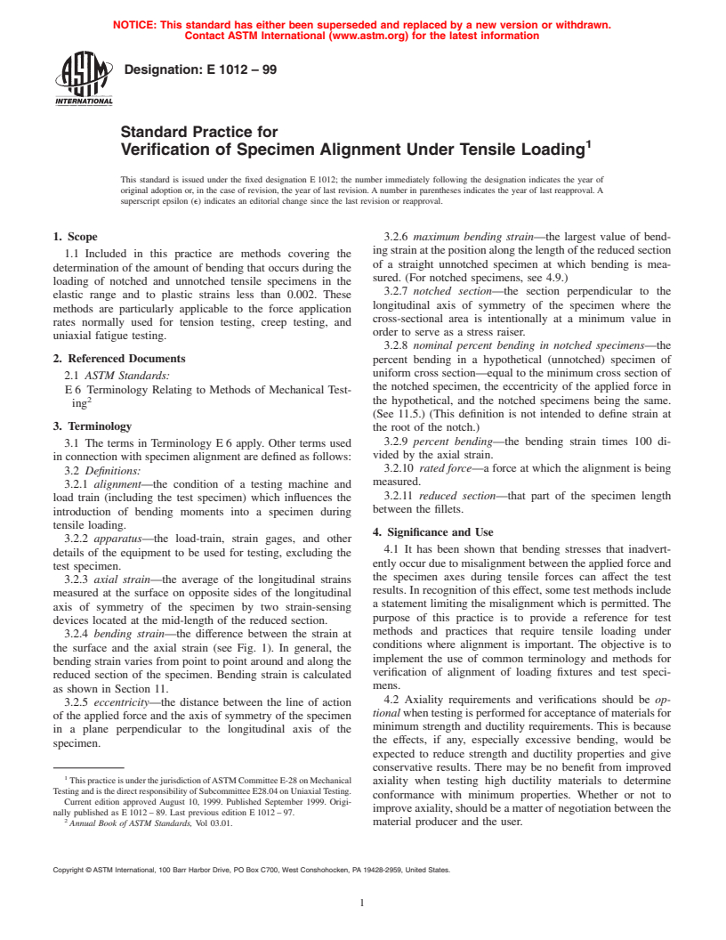 ASTM E1012-99 - Standard Practice for Verification of Specimen Alignment Under Tensile Loading