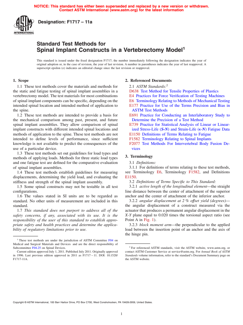 ASTM F1717-11a - Standard Test Methods for  Spinal Implant Constructs in a Vertebrectomy Model