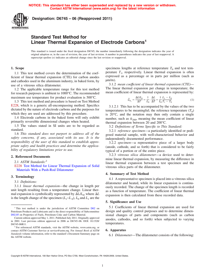 ASTM D6745-06(2011) - Standard Test Method for Linear Thermal Expansion of Electrode Carbons