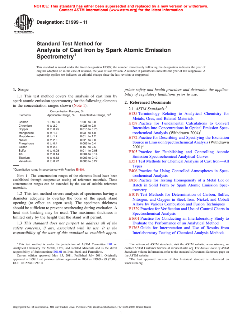 ASTM E1999-11 - Standard Test Method for  Analysis of Cast Iron by Spark Atomic Emission Spectrometry