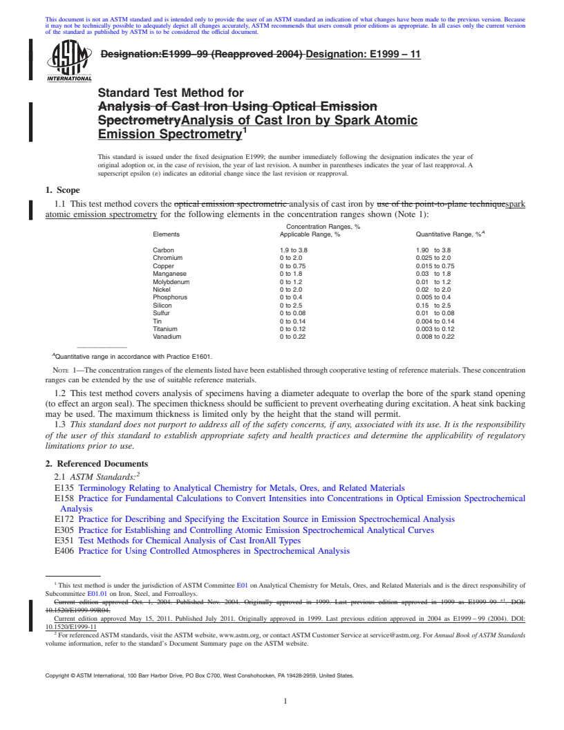 REDLINE ASTM E1999-11 - Standard Test Method for  Analysis of Cast Iron by Spark Atomic Emission Spectrometry