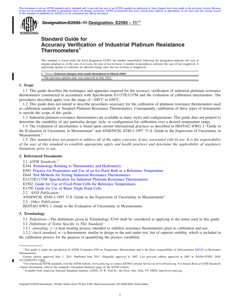 REDLINE ASTM E2593-11e1 - Standard Guide for Accuracy Verification of Industrial Platinum Resistance Thermometers