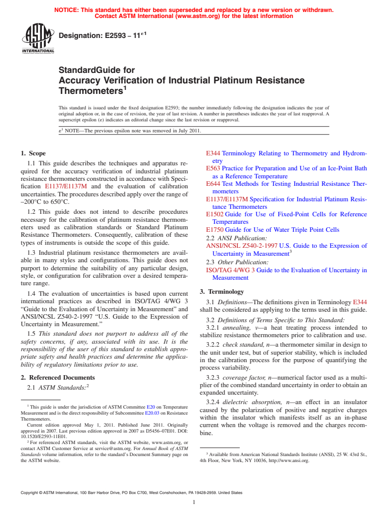 ASTM E2593-11e1 - Standard Guide for Accuracy Verification of Industrial Platinum Resistance Thermometers