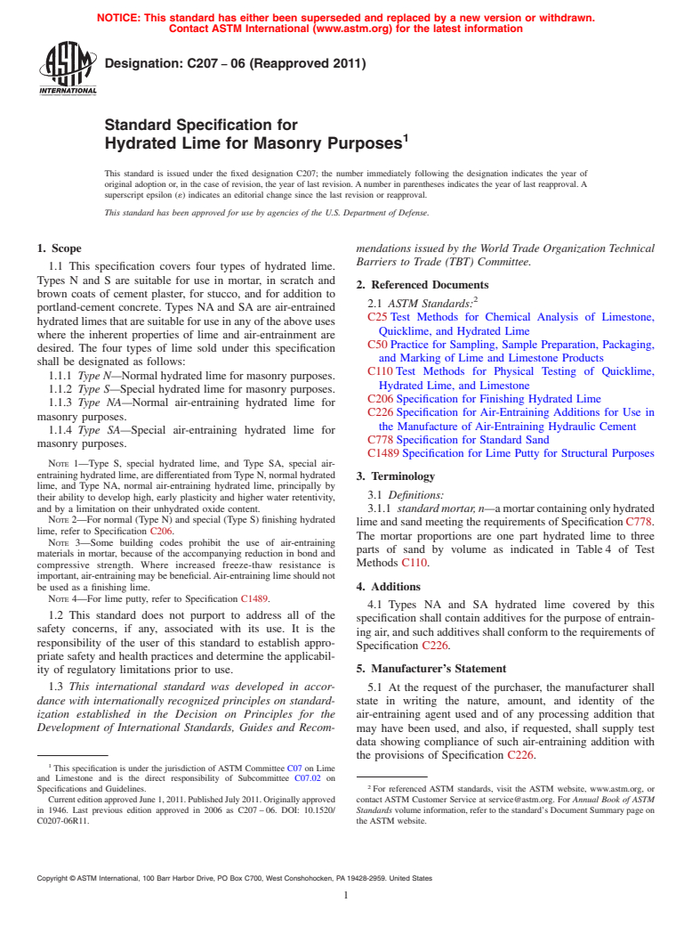 ASTM C207-06(2011) - Standard Specification for Hydrated Lime for Masonry Purposes