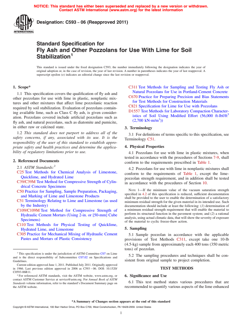 ASTM C593-06(2011) - Standard Specification for Fly Ash and Other Pozzolans for Use With Lime for Soil Stabilization