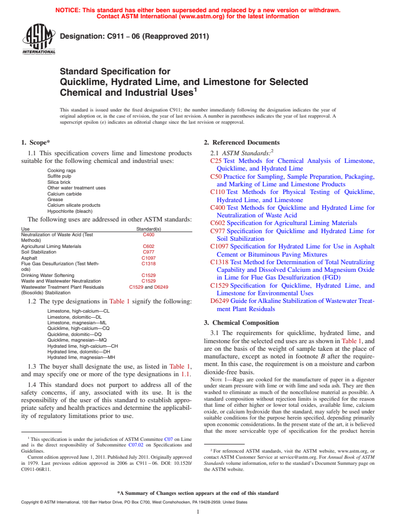 ASTM C911-06(2011) - Standard Specification for Quicklime, Hydrated Lime, and Limestone for Selected Chemical and Industrial Uses