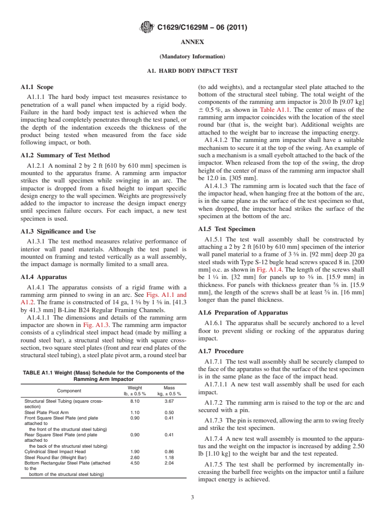 ASTM C1629/C1629M-06(2011) - Standard Classification for Abuse-Resistant Nondecorated Interior Gypsum Panel Products and Fiber-Reinforced Cement Panels