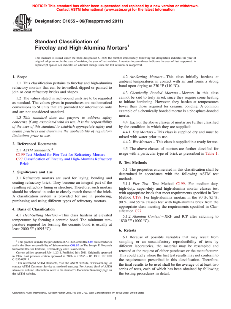 ASTM C1655-06(2011) - Standard Classification of Fireclay and High-Alumina Mortars