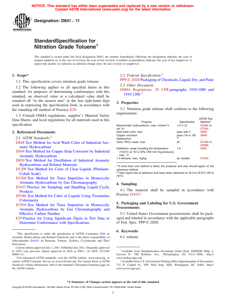 ASTM D841-11 - Standard Specification for Nitration Grade Toluene