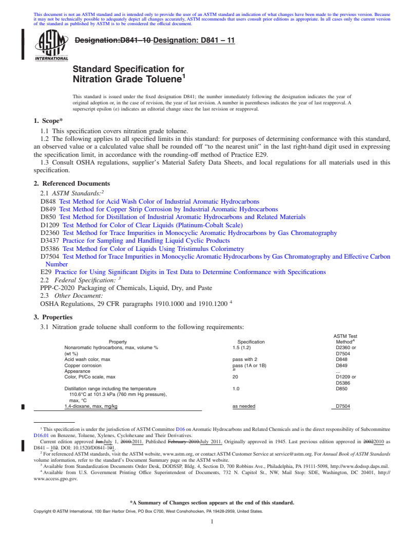 REDLINE ASTM D841-11 - Standard Specification for Nitration Grade Toluene