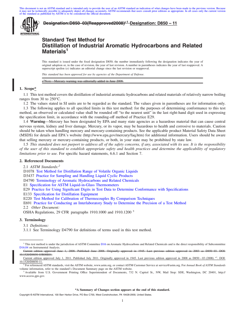 REDLINE ASTM D850-11 - Standard Test Method for Distillation of Industrial Aromatic Hydrocarbons and Related Materials