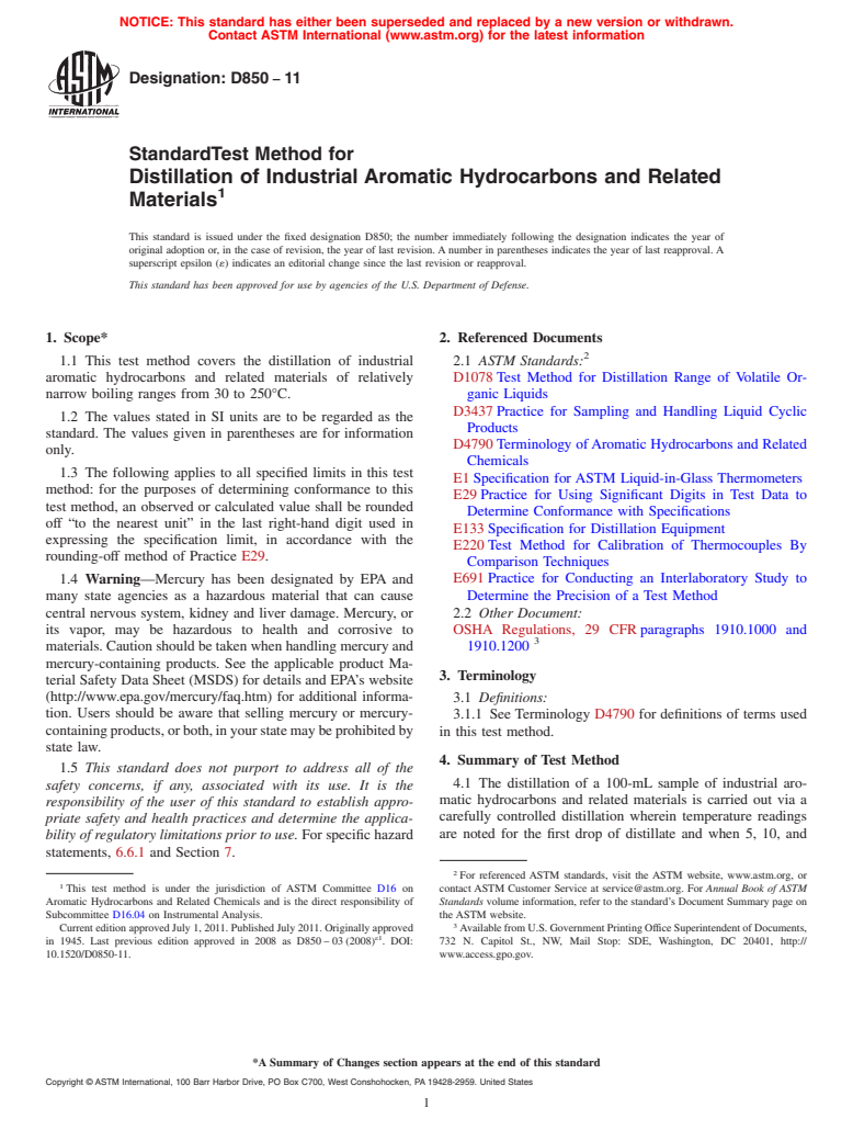 ASTM D850-11 - Standard Test Method for Distillation of Industrial Aromatic Hydrocarbons and Related Materials