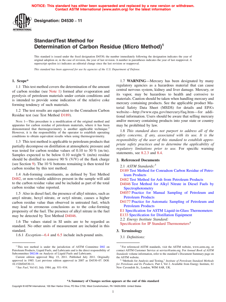 ASTM D4530-11 - Standard Test Method for Determination of Carbon Residue (Micro Method)