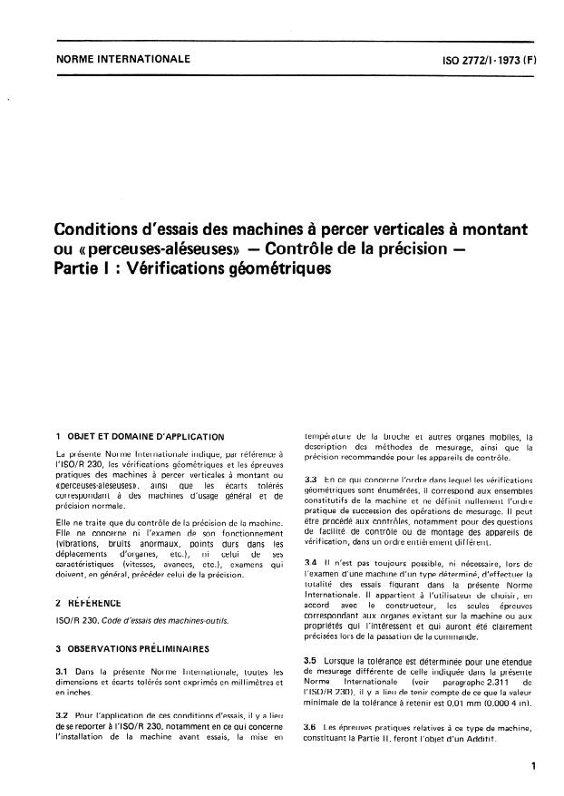 ISO 2772-1:1973 - Conditions d'essais des machines a percer verticales a montant ou "perceuses- aléseuses" -- Contrôle de la précision