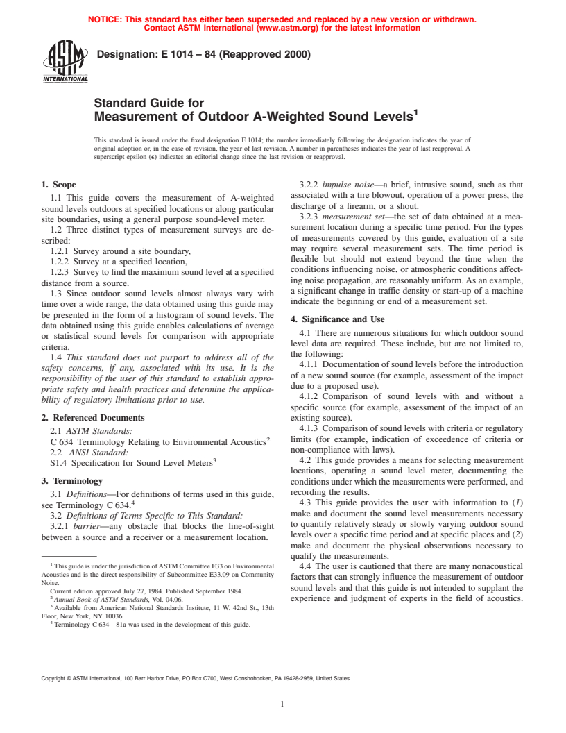 ASTM E1014-84(2000) - Standard Guide for Measurement of Outdoor A-Weighted Sound Levels