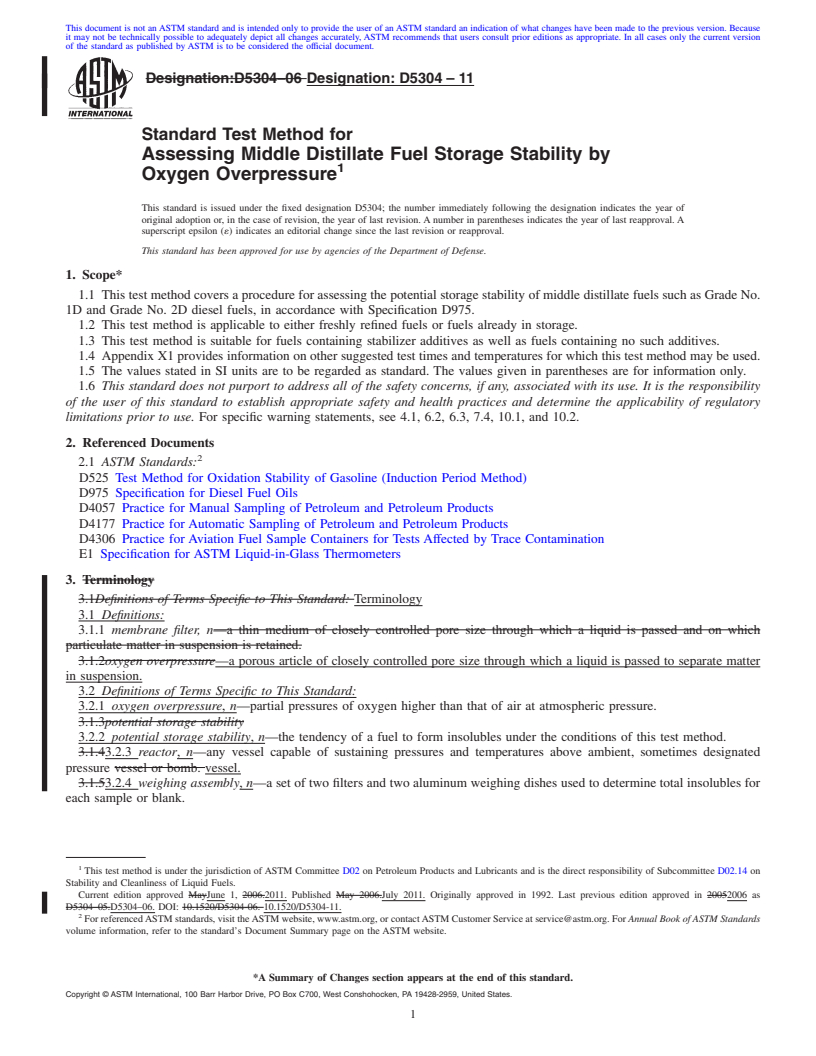 REDLINE ASTM D5304-11 - Standard Test Method for Assessing Middle Distillate Fuel Storage Stability by Oxygen Overpressure