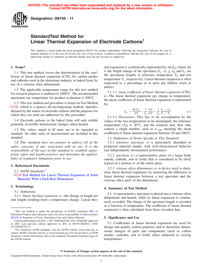 ASTM D6745-11 - Standard Test Method for Linear Thermal Expansion of Electrode Carbons