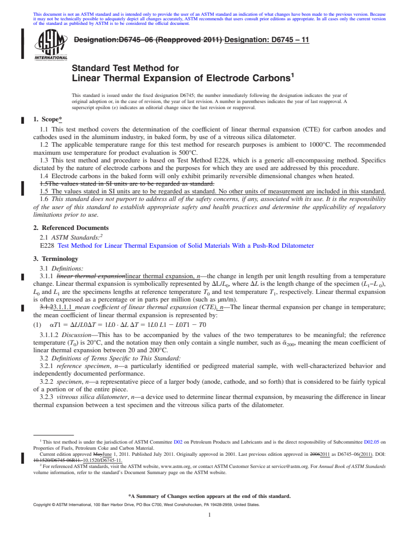 REDLINE ASTM D6745-11 - Standard Test Method for Linear Thermal Expansion of Electrode Carbons