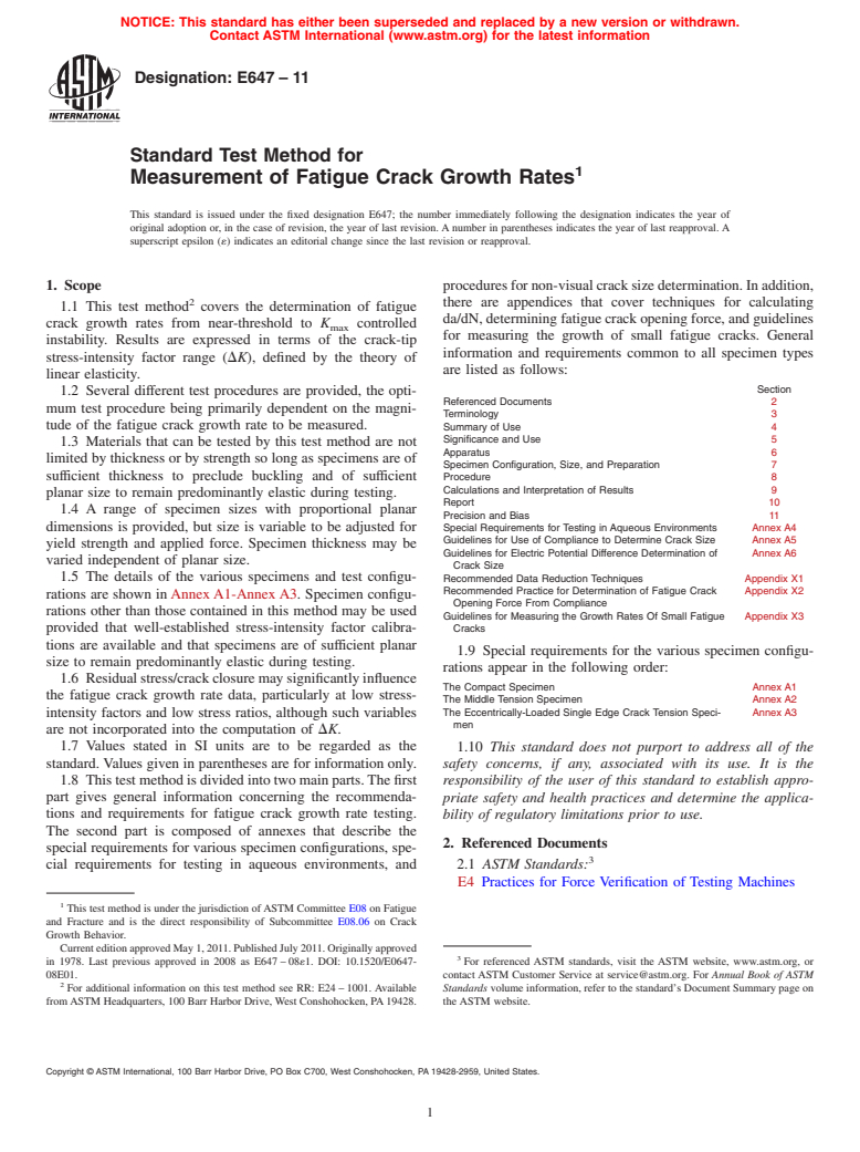ASTM E647-11 - Standard Test Method for  Measurement of Fatigue Crack Growth Rates