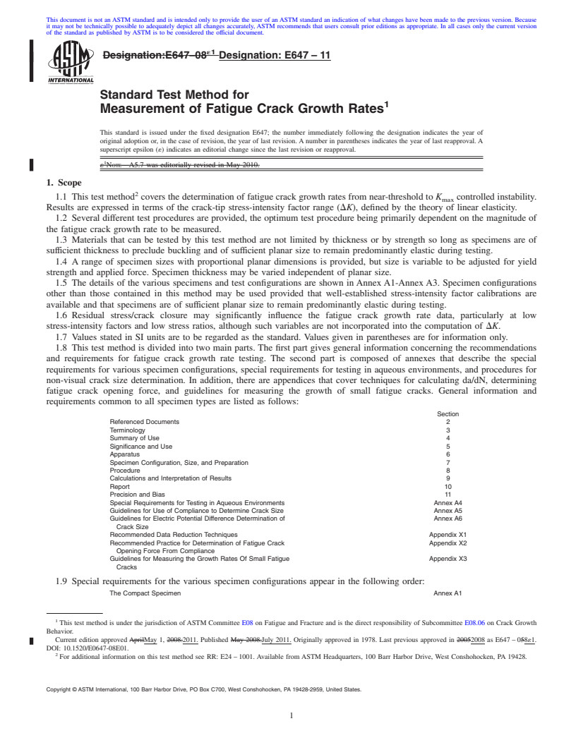 REDLINE ASTM E647-11 - Standard Test Method for  Measurement of Fatigue Crack Growth Rates