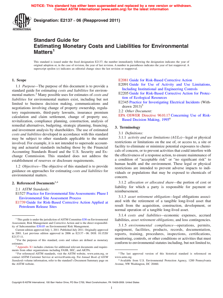 ASTM E2137-06(2011) - Standard Guide for Estimating Monetary Costs and Liabilities for Environmental Matters