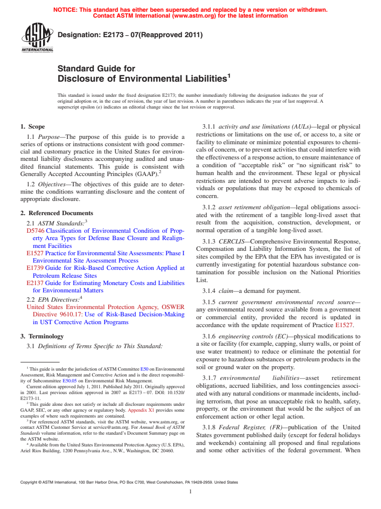 ASTM E2173-07(2011) - Standard Guide for Disclosure of Environmental Liabilities