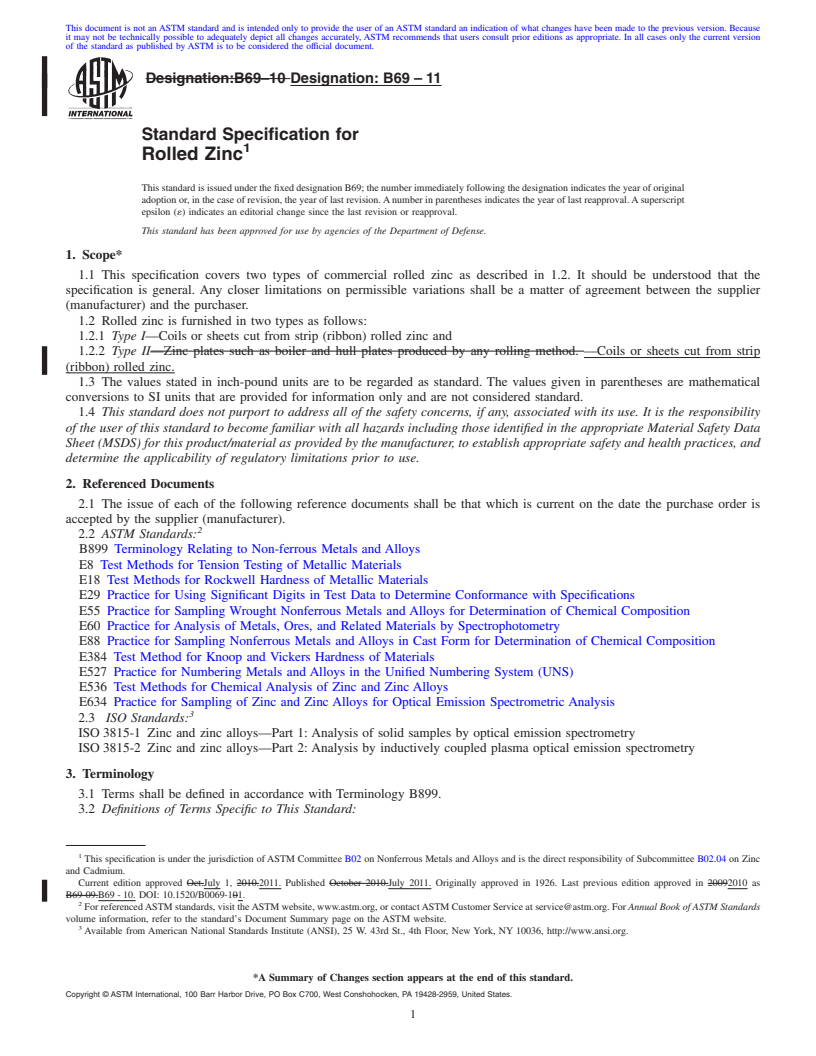 REDLINE ASTM B69-11 - Standard Specification for  Rolled Zinc