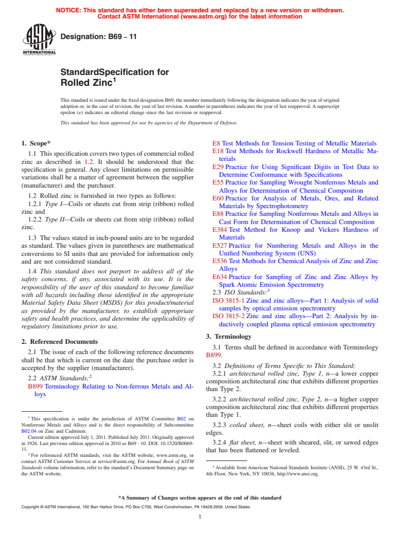 ASTM B69-11 - Standard Specification for  Rolled Zinc